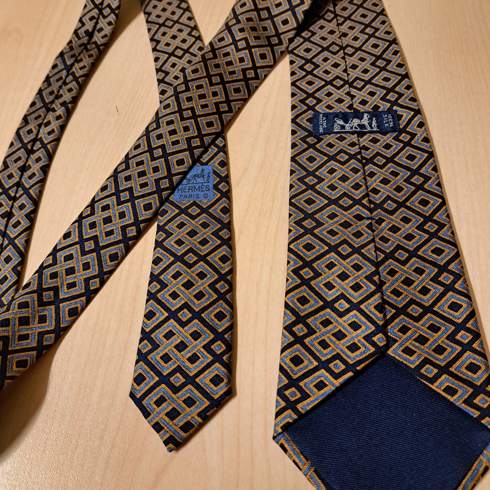 Hermes Navy and Gold Geometric Tie